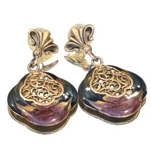 Vintage 1970's Kerissa Enamel and Gold Tone Pierced Dangle Earrings